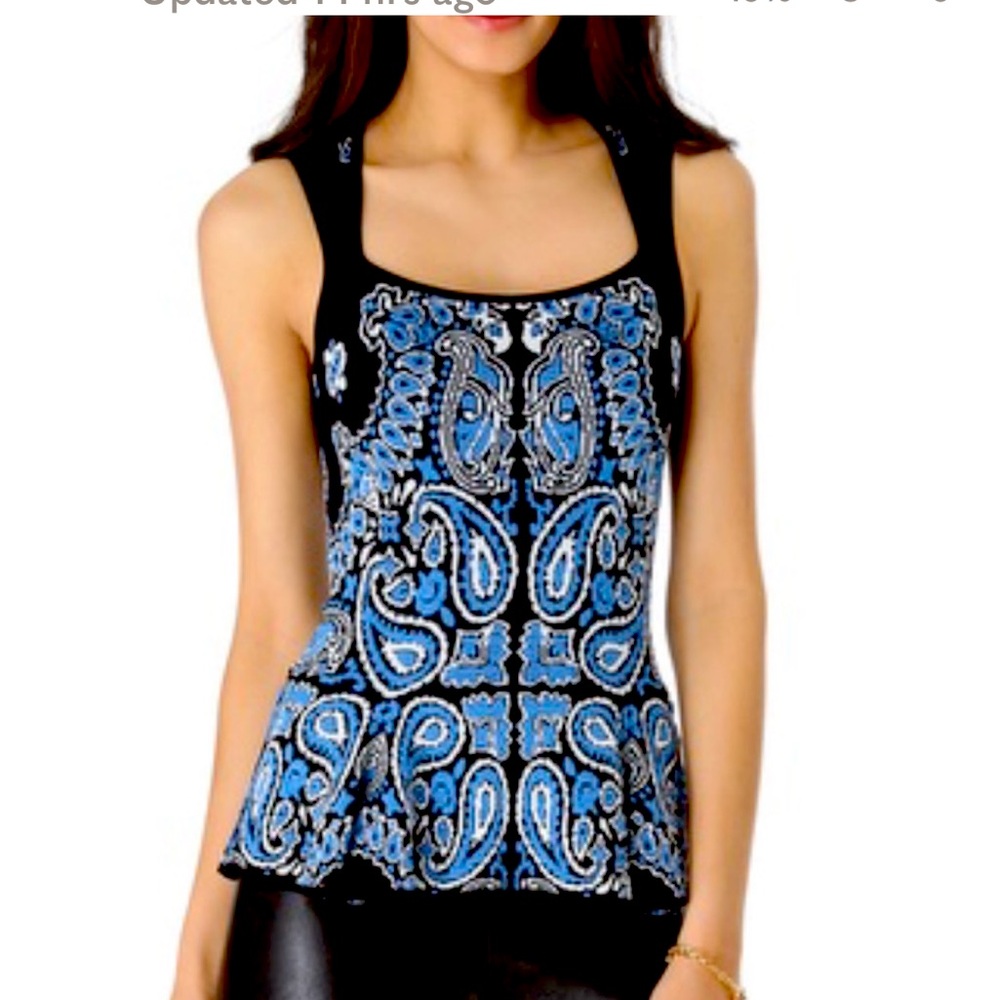 Torn by Ronny Kobo sleeveless peplum knit top. Blue/black/white paisley Size XS